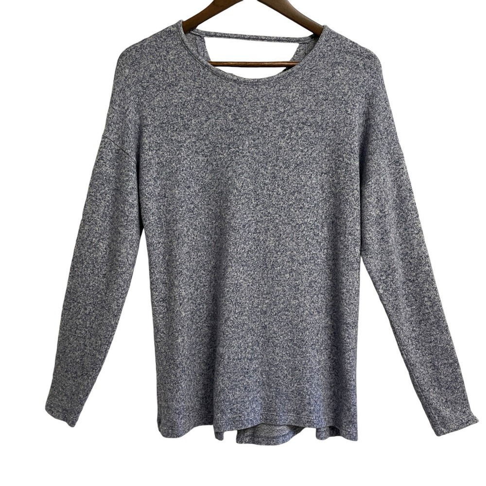 Poof New York Lace Up Back Knit Top Womens Medium Blue Marled